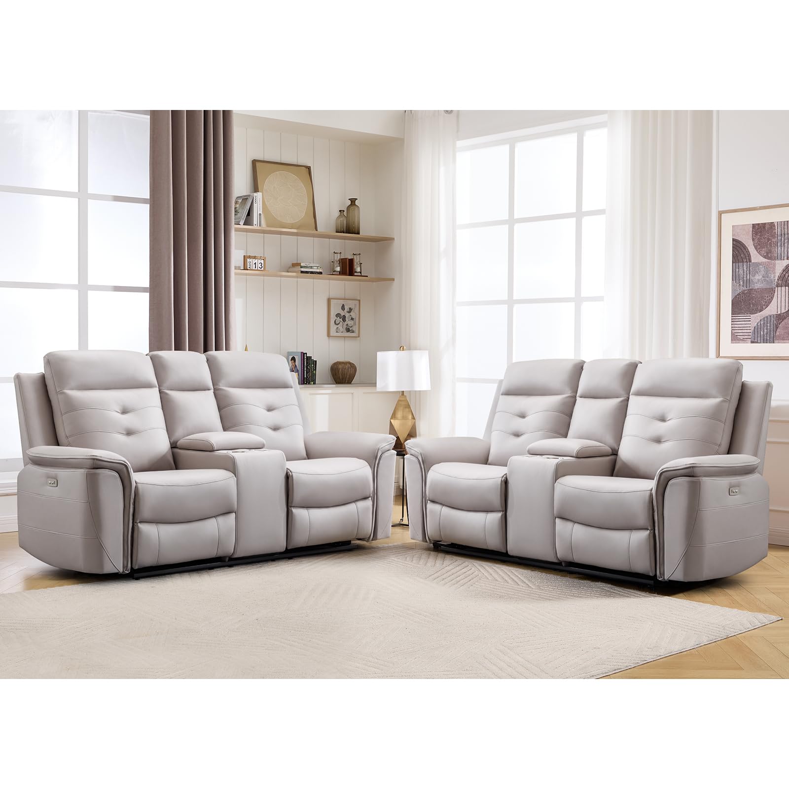 ANJ Oversized Power Reclining Loveseat Sofa Set of 2 with USB Charging Port, Breathable Faux Leather 2-Seater Electric Recliner Couch with Cup Holders &amp; Storage Console for Living Room, Beige