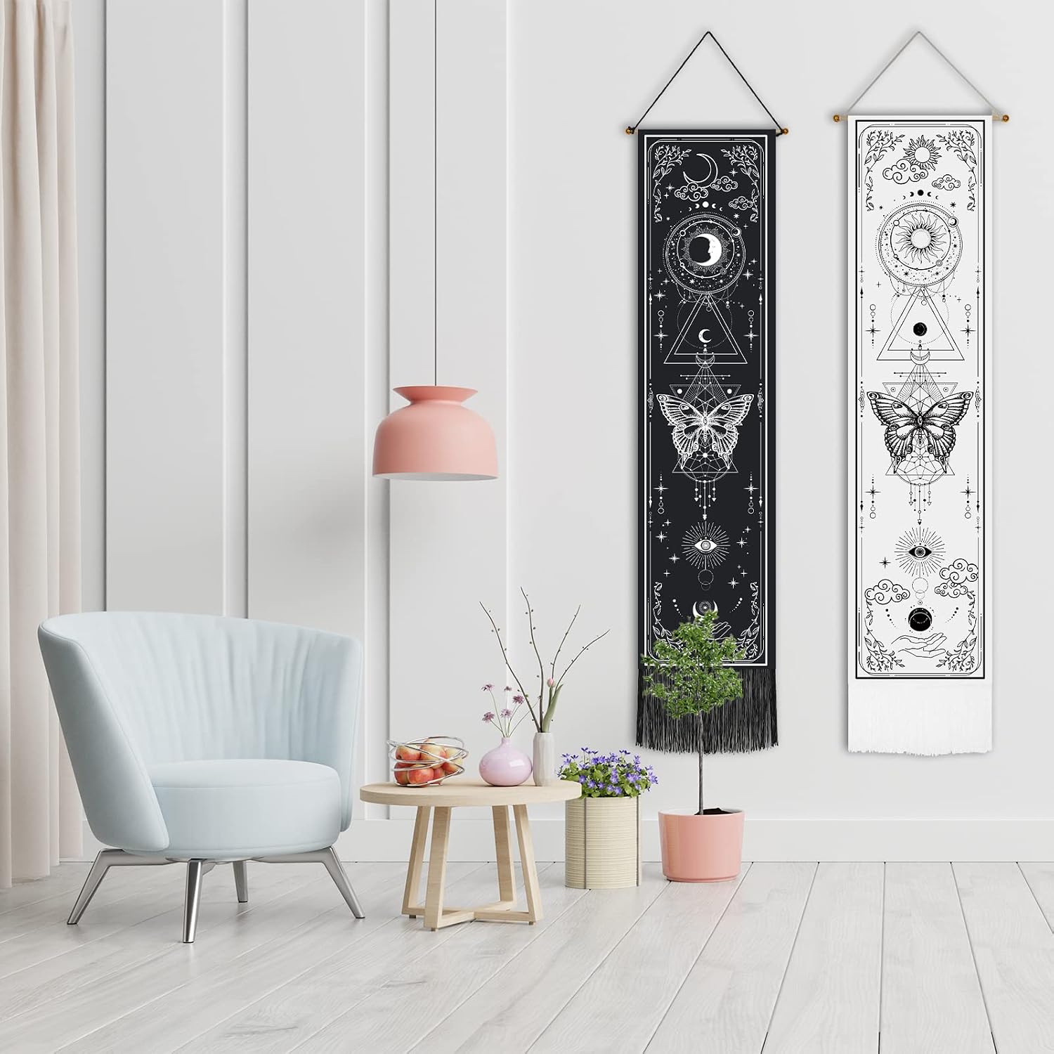 Newwiee 2 Pcs Black and White Vertical Tapestry Sun and Moon Moth Vintage Tapestry Aesthetic Hanging Gothic Witchy for Halloween Living Room and Bedroom Wall Decor,12.8 x 53.1 Inches