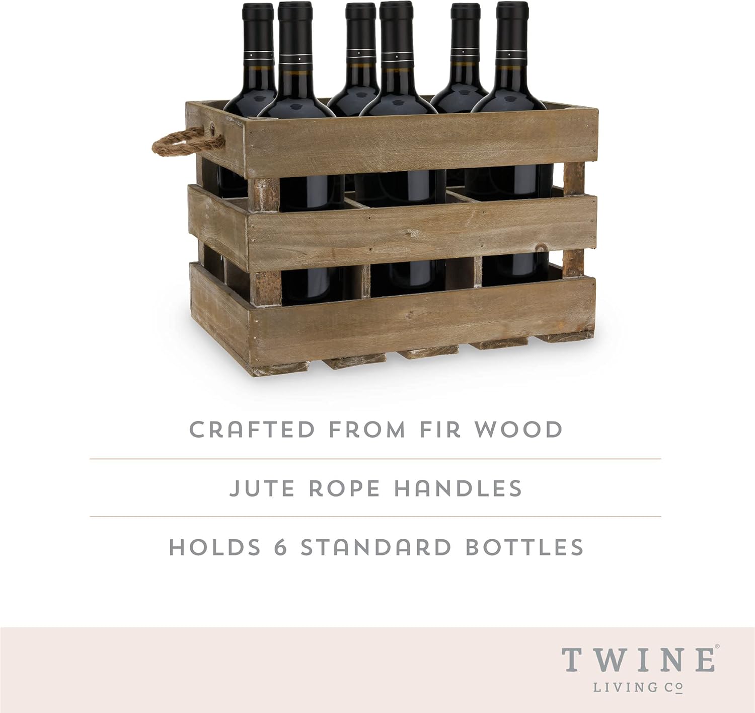 Twine Farm House Decor, Rustic Wooden Wine Bottle Holder and Wine Storage, 6 Bottle Wine Crate, Home Decor, Wine Gifts, Dark Wood, 8.8 x 8.5 x 13.5in