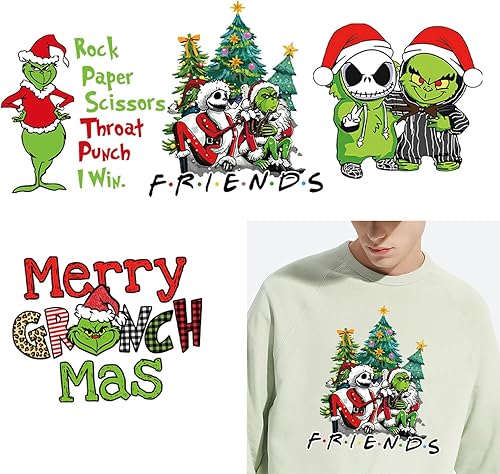 4 piezas de transferencia de calor de Navidad con diseño de monstruo de dibujos animados de Navidad, diseño de monstruo, parches de vinilo para