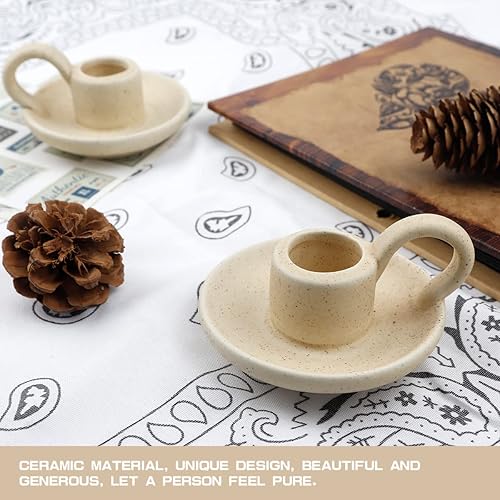 Miniatura 7 de 2 portavelas de cerámica, portavelas con asa para velas cónicas e incienso, Navidad, boda, comedor, decoración del hogar (beige)
