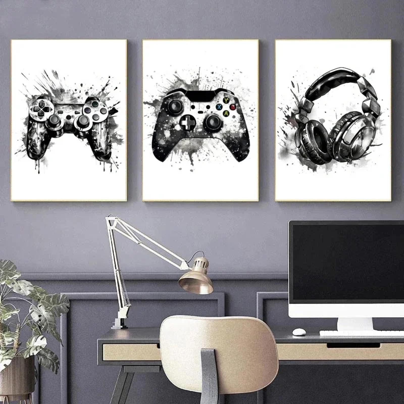 Póster de controlador de videojuegos en tinta en blanco y negro, pintura en lienzo para entusiastas de los videojuegos nórdicos, decoración de pared para habitación de niños, 60 x 90 cm x 3, sin marco