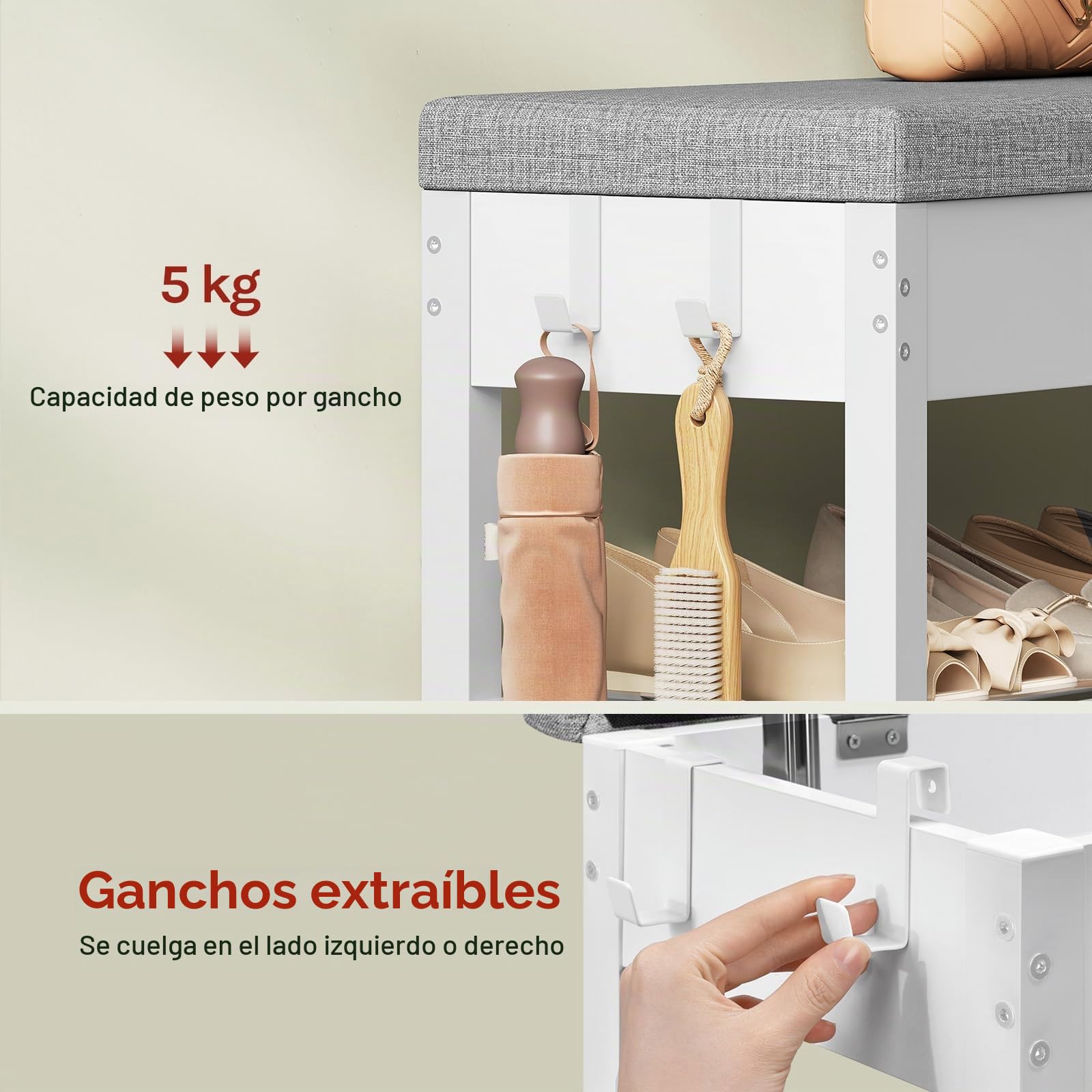 WOLTU Zapatero con Asiento Acolchado, Banco Zapatero de 2 Niveles, 1 Zona Oculto y 2 Ganchos, Organizador para Zapatos, Estructura Metálica, para Entrada o Pasillo, 80x30x50 cm, Blanco+Gris Claro