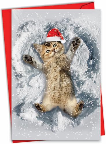 NobleWorks Tarjeta de felicitación de agradecimiento de Navidad con sobre de 5 x 7 pulgadas (1 tarjeta) Critter Snow Angels - Kitten C4187BXTG