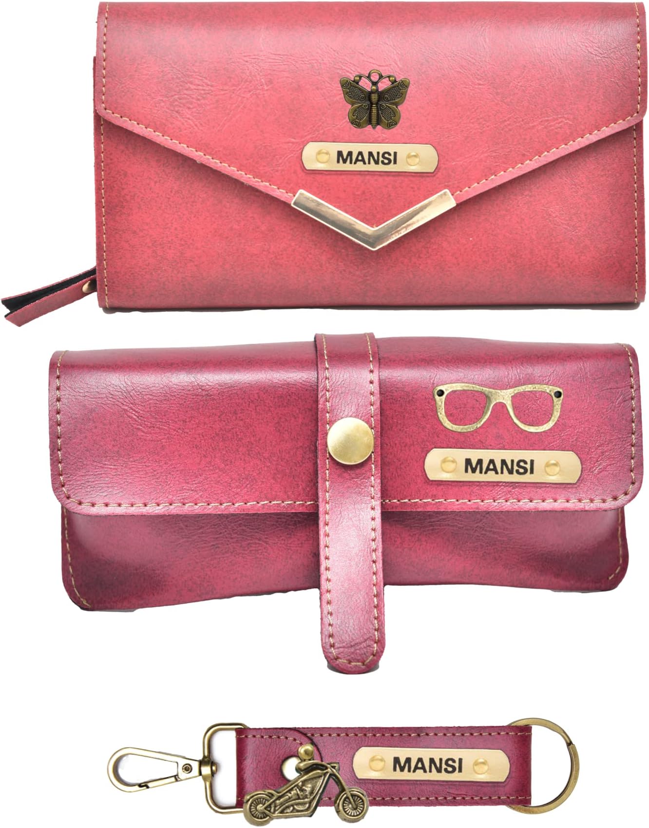 YOUR GIFT STUDIO Leather Customized Gifts for Women (3 pcs)| Personalized Gifts for Women | Birthday Gifts for Girlfriend |Personalized Leather Wallet, Key Chain, and Eyewear Case- (Maroon)