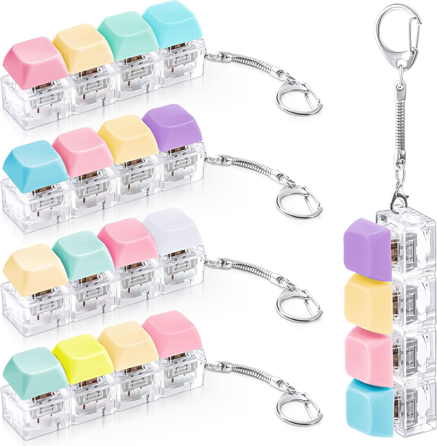 4 Pcs Keyboard Adult Fidget Toy Clicker Toy 4-in-1 Keyboard Fidget Keychain Cube Mechanical Key Button Clicker Stress Relief Gift for Office School Home to Pass The Time (Pastel Colors)