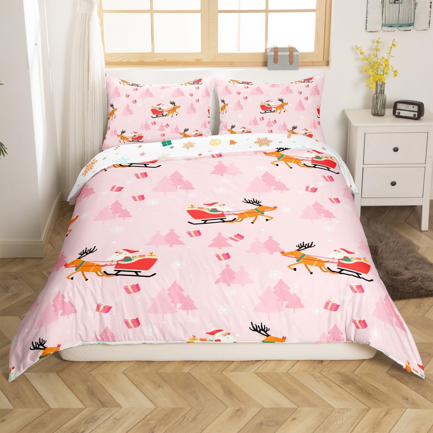 Manfei Santa Sled Duvet Cover Toddler Size for Kids Boys Girls,Cartoon Deer Elk 2 Pieces Duvet Cover,Pink Christmas Trees Soft Comforter Cover (Not Comforter),Watercolor Country Decor Quilt Cover