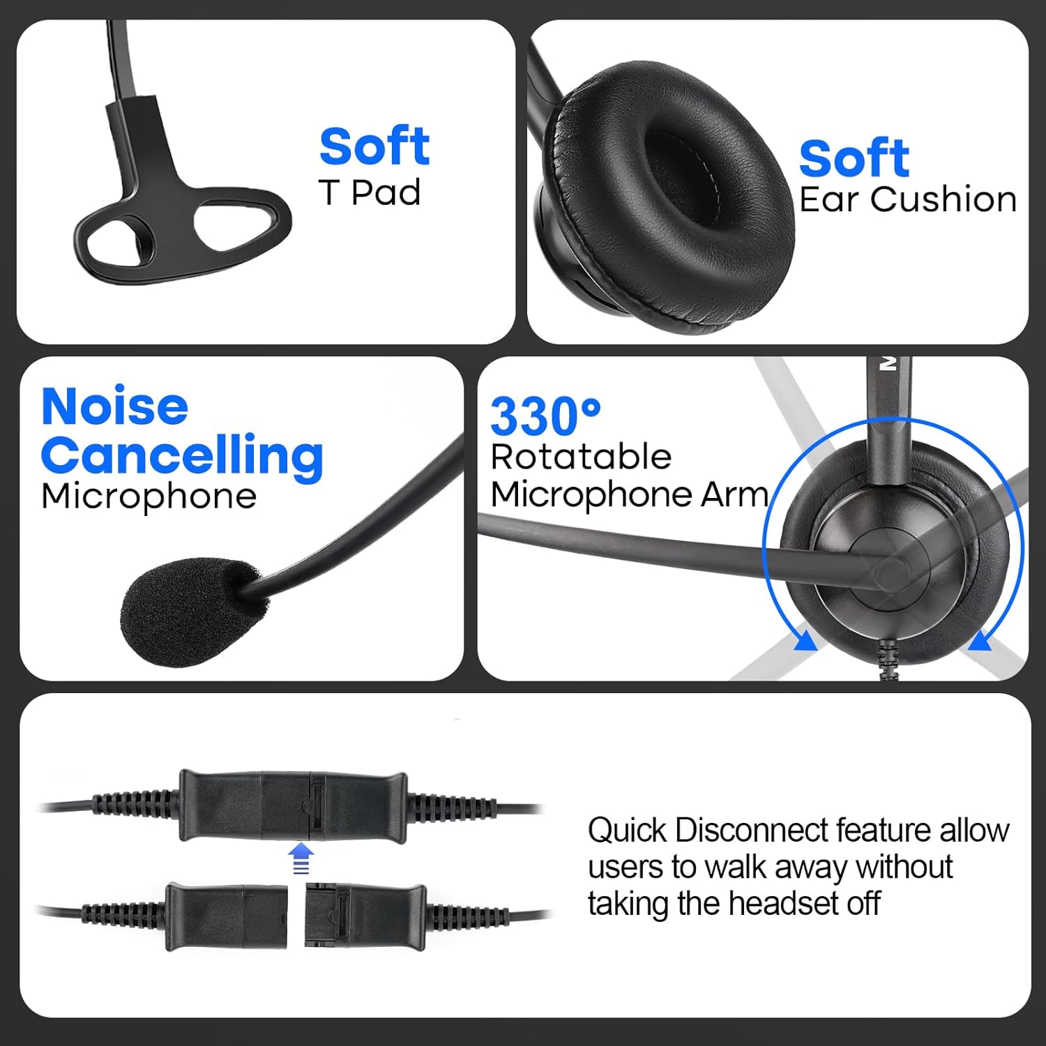 MKJ 2.5mm Telephone Headset with Microphone Noise Cancelling - Wired Headphones for Call Center & Office Phone, Compatible with Panasonic KX-TPA60 KX-TGA470 Cisco SPA 303G 525G Vtech Uniden