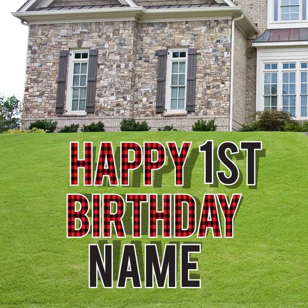 Custom Lumberjack Happy Birthday Yard Sign - Happy Birthday Letters Custom Name Buffalo Plaid includes 26 stakes + Stakes for custom cutouts