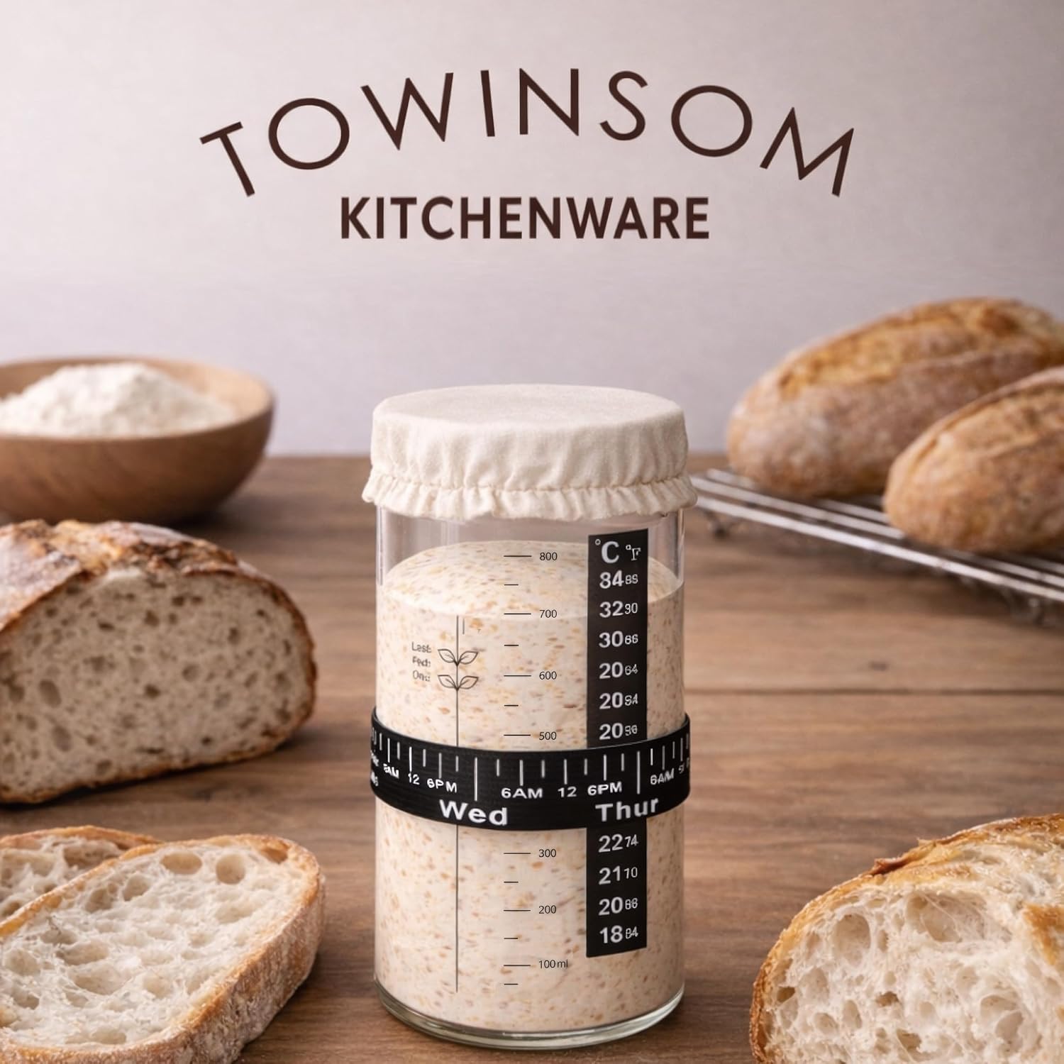 Pro Sourdough Bread Starter Kit-34oz Large Capacity Sourdough Starter Jar,10 pcs Bread Starter Container Set with Wooden Lid,Glass Jar with Bread Baking Supplies Accessories (2pcs)