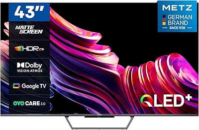 Metz Smart TV, MQE7600Z, 43 pollici, QLED, 4K, UHD, HDR 10+, Google TV, Matte Screen, Eye Care, Flicker-Free, Auto Ambient Light Sensor, HDMI, USB, Grigio