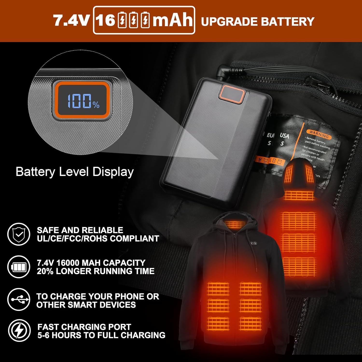 Heated Hoodie for Men Women with Battery Pack 7.4V 16000mAh, Hooded Heated Sweatshirts with 6 Heating Zones - Image 4