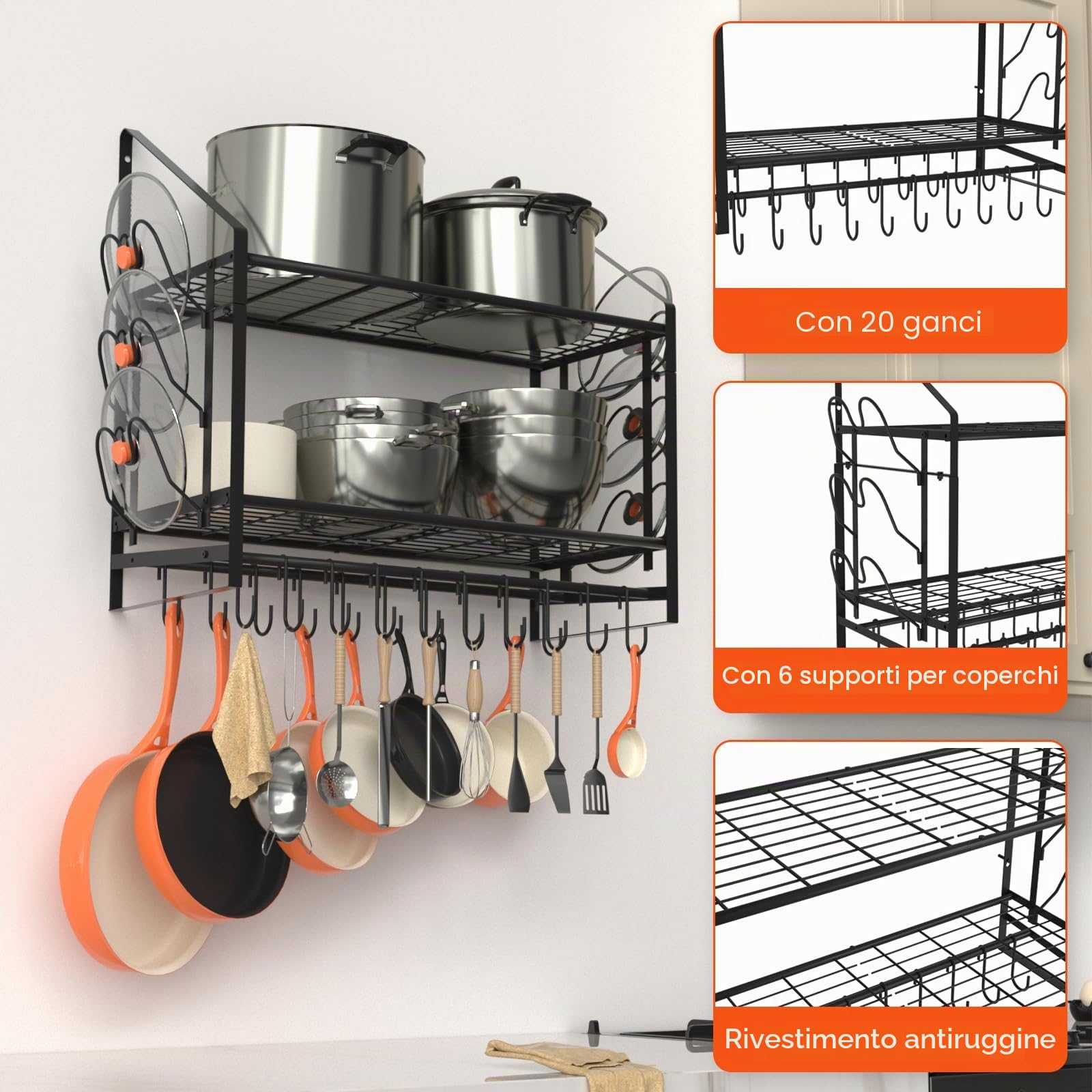 VyGrow Scaffale da parete da 71 cm, organizer per pentole e padelle a 2 livelli con 20 ganci e 6 supporti per coperchi, in acciaio resistente, per pentole e padelle da cucina, 88,1 cm di lunghezza x