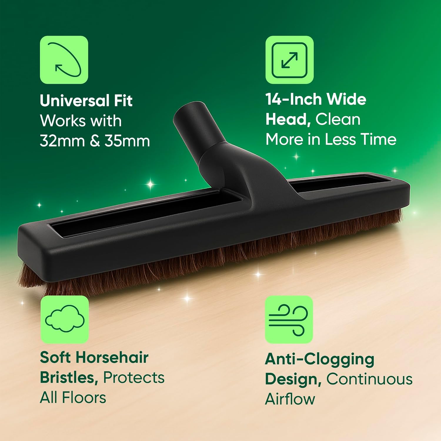 Universal Vacuum Brush Works for 32 mm (1 1/4") and 35 mm (1 3/8") Tubes - 14Inch – Compatible with shop vac attachments, Bissell, Eureka, Kenmore, Hoover – Includes 1 Floor Brush + 1 Adapter