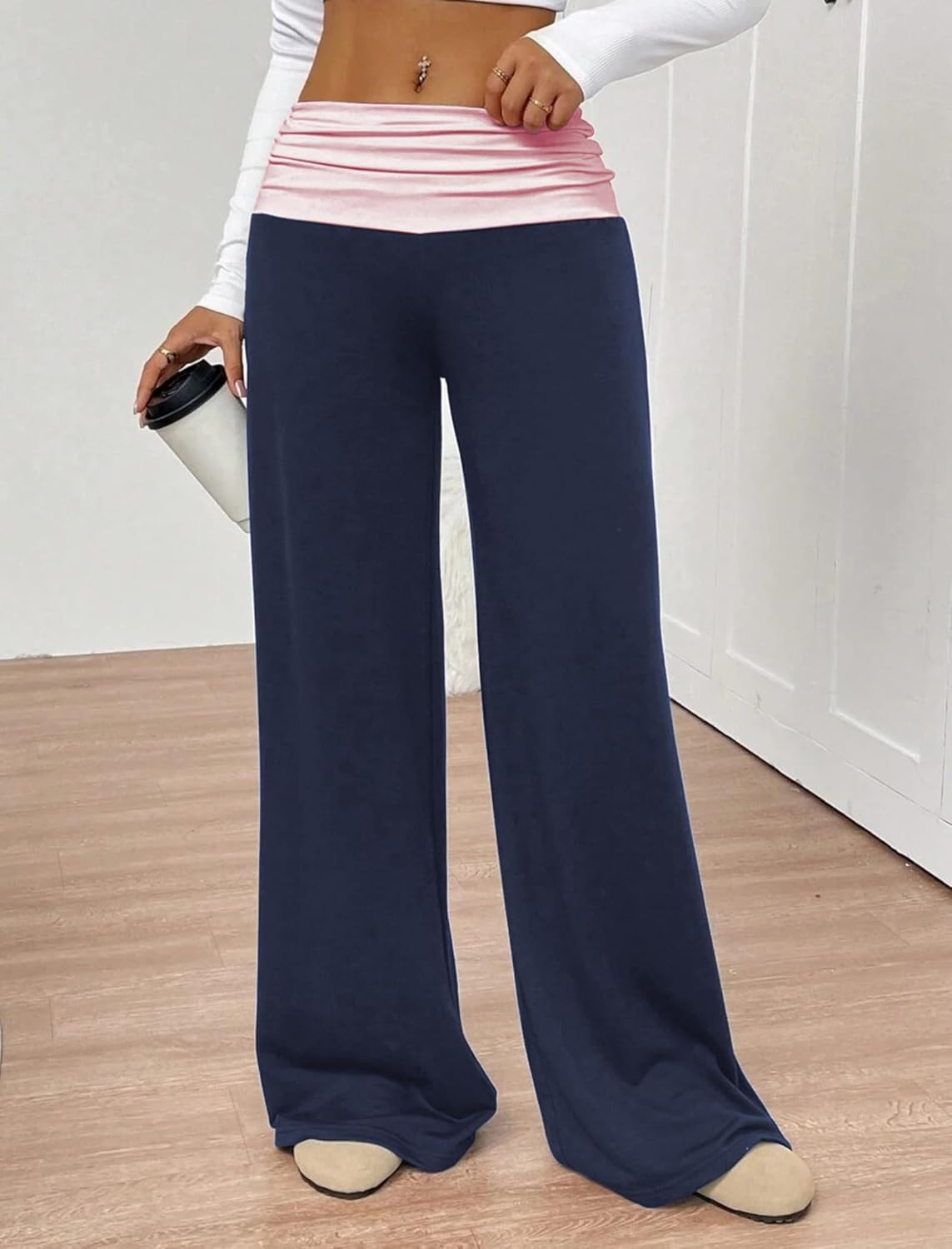 ZAFUL Casual Lounge Yoga Pants for Women Foldover Wide Leg Sweatpants Leggings Y2K Straight Leg Pants
