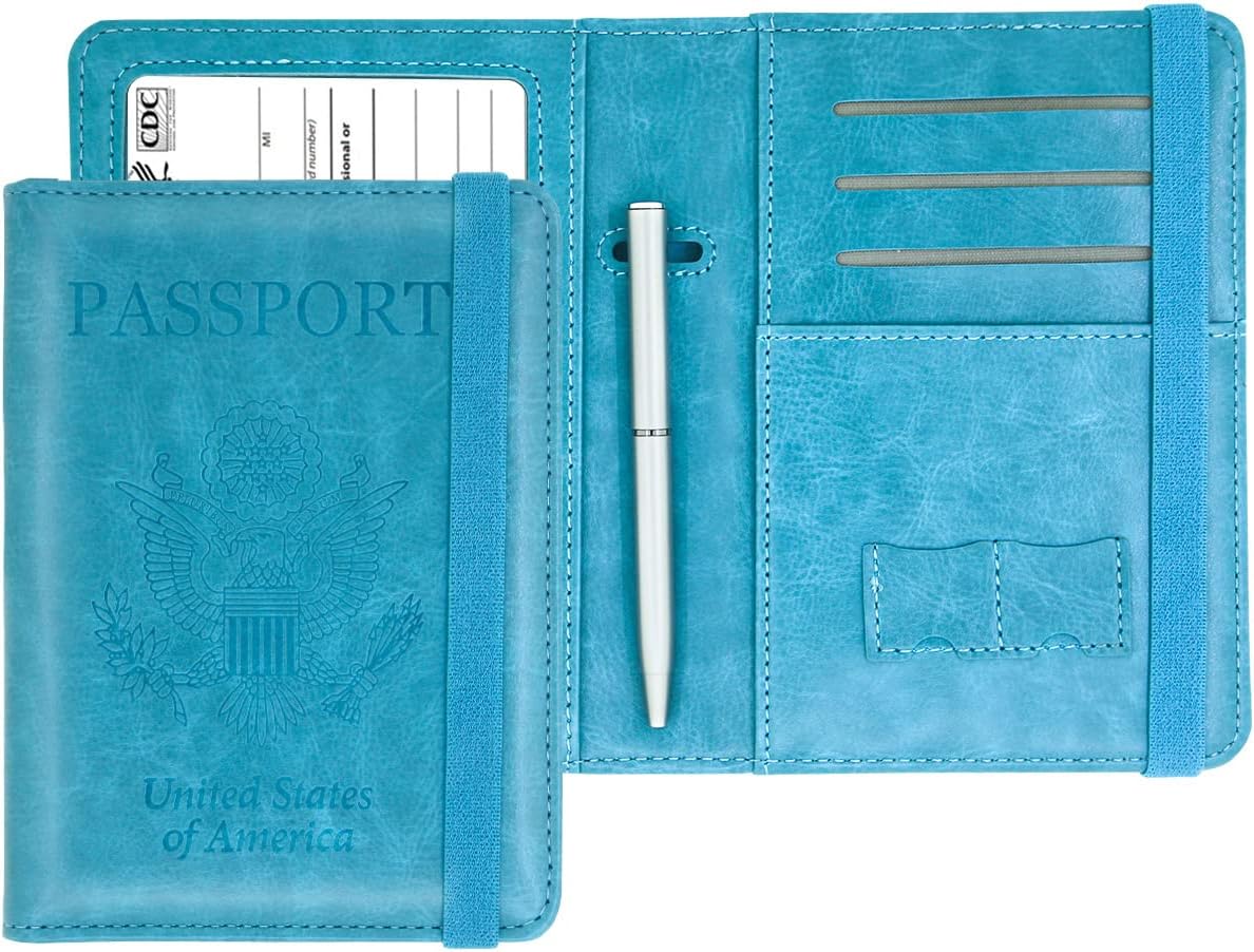 Passport and Vaccine Card Holder Combo PU Leather Rfid Blocking Passport Holder with Vaccine Card Slot Travel Wallets Protector Cover for Men Women Family (Blue)