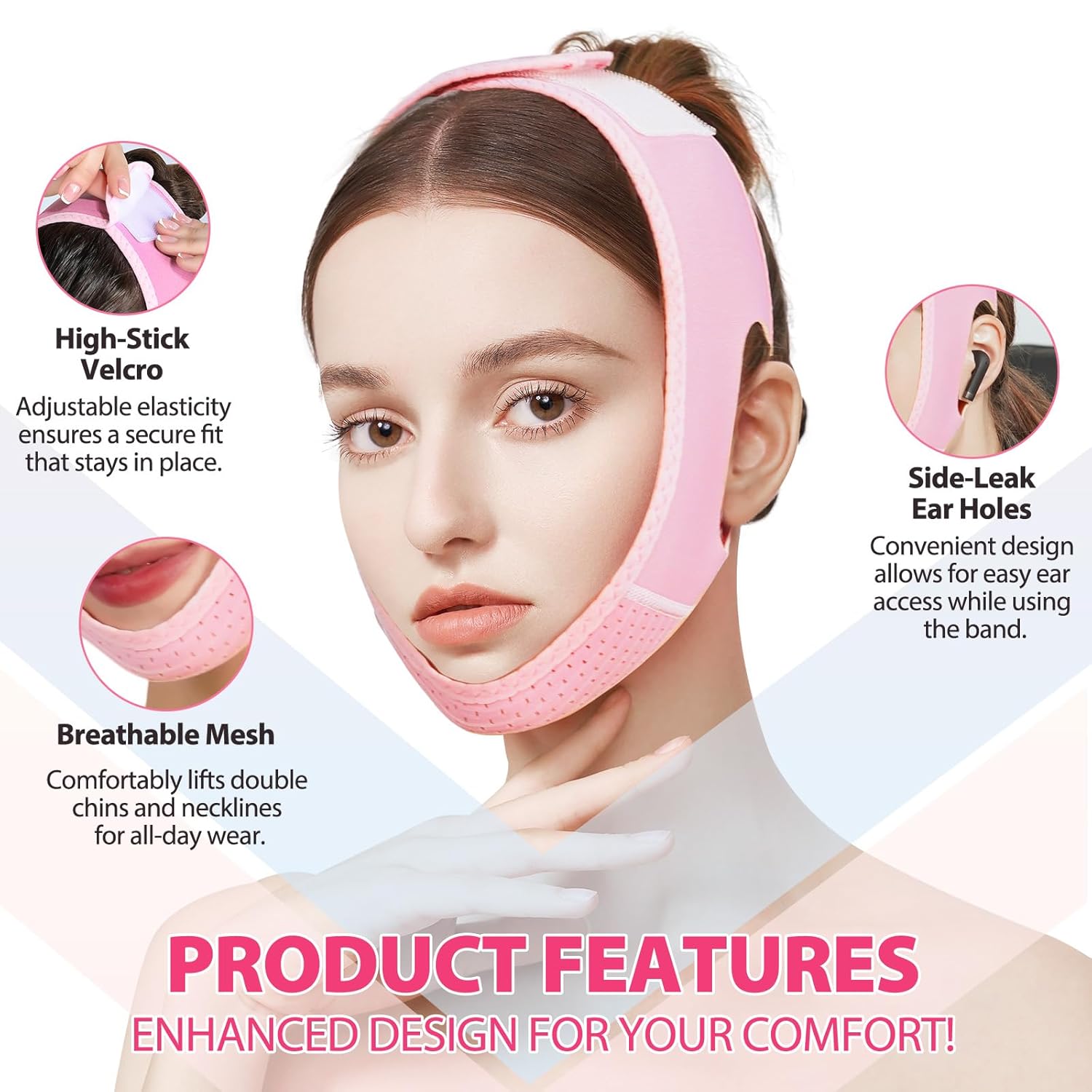 V Face Line Lifting Mask, Lifting Chinstrap, Face Slimming Strap to Firms Double Chin, Reusable - Washable - Breathable Jawline Shaper | Pink（Medium） - Image 5