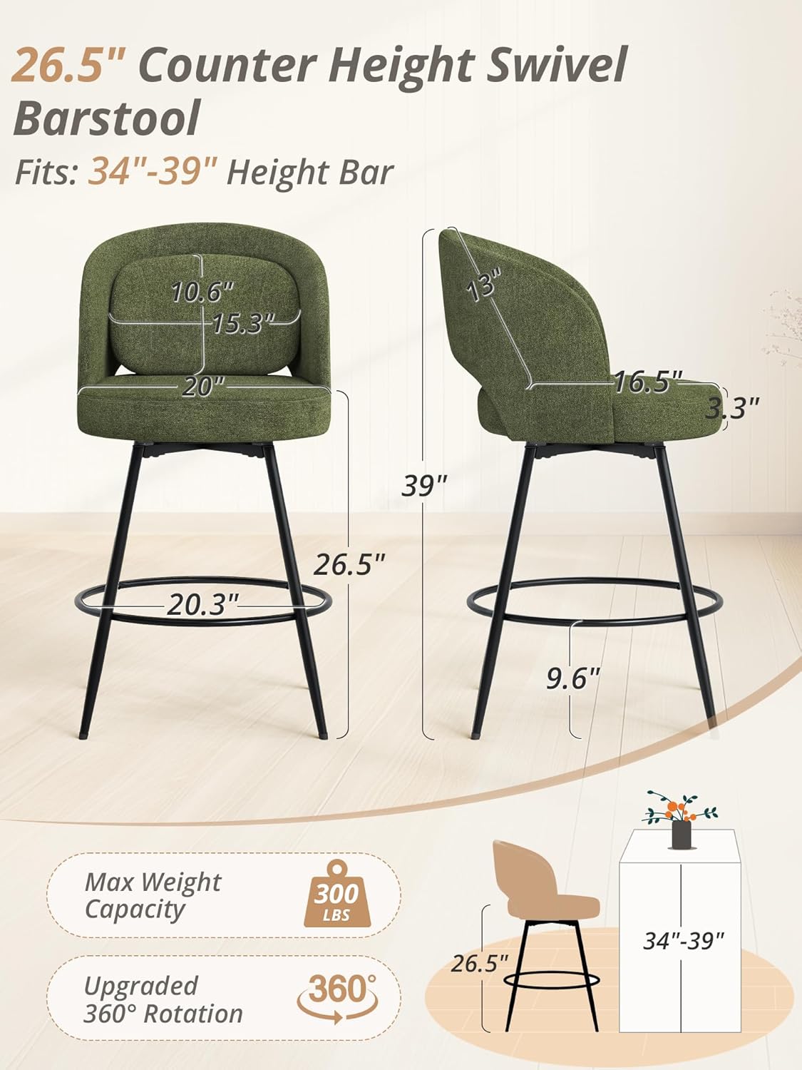 LUE BONA 26''H Swivel Bar Stools Set of 3, Counter Height Bar Stools with Backs, Lumbar Pillow and Black Metal Frames, Upholstered Modern Barstools for Kitchen Island, Chenille Farbic, Green