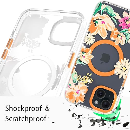 Miniatura 3 de YeLoveHaw Funda magnética transparente para iPhone 15 Plus para mujeres y niñas, con purpurina y bonito patrón floral morado compatible con MagSafe,