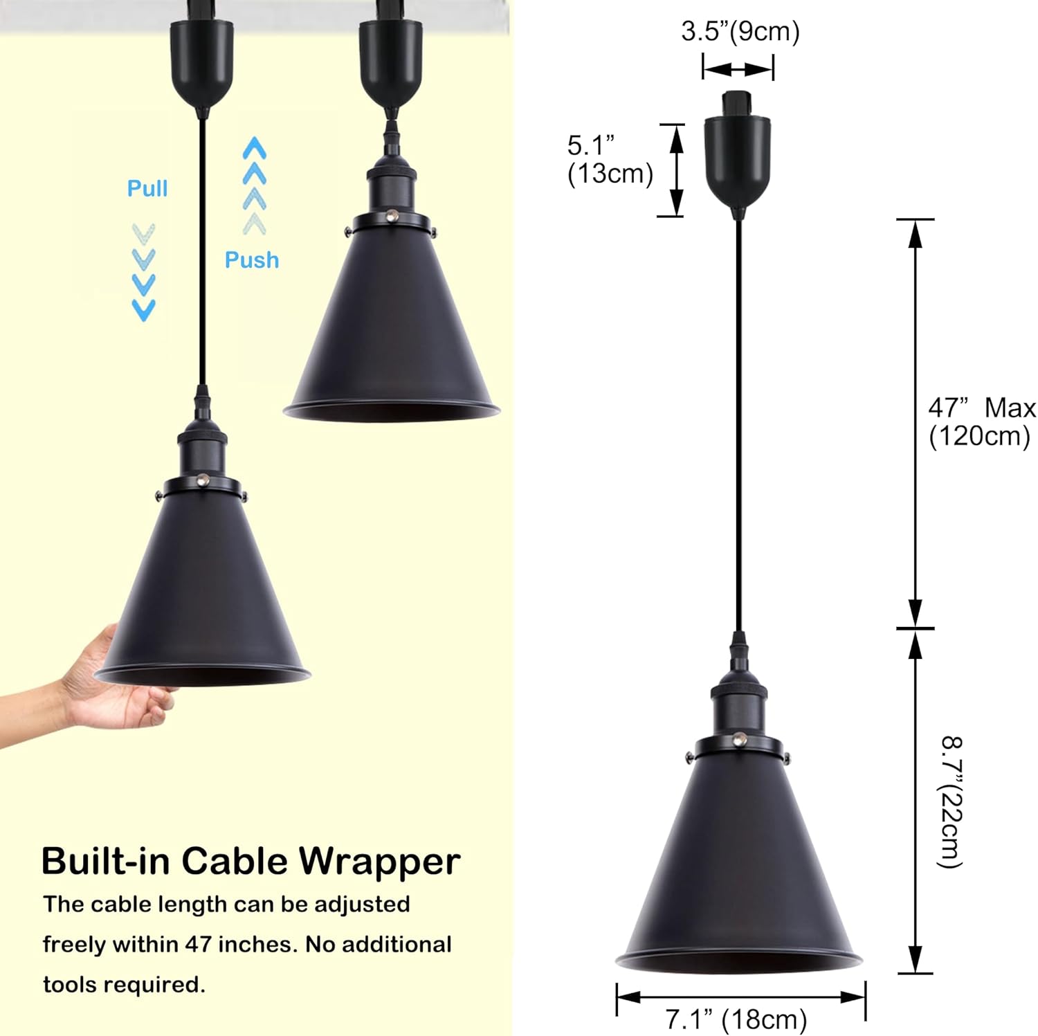 Kiven L-Type Track Lighting Pendants Adjustable Height,L Track Pendant Lights with Black Iron Lampshade,Farmhouse Track Lighting Fixture for Kitchen Cafe Hallway, E26 Socket