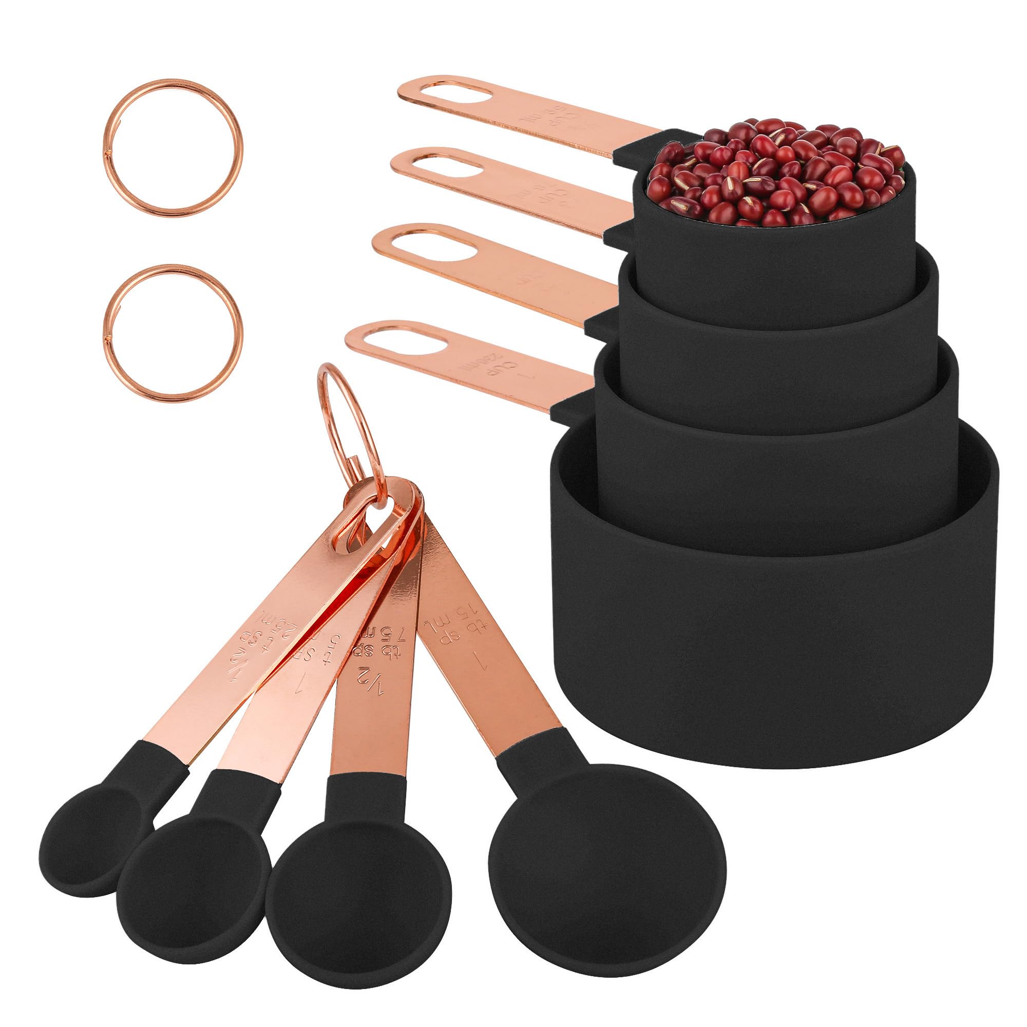 8-Piece Stackable Rose Gold Stainless Steel Handled Measuring Cups and Spoons for Measuring Dry and Liquid Ingredients (black)