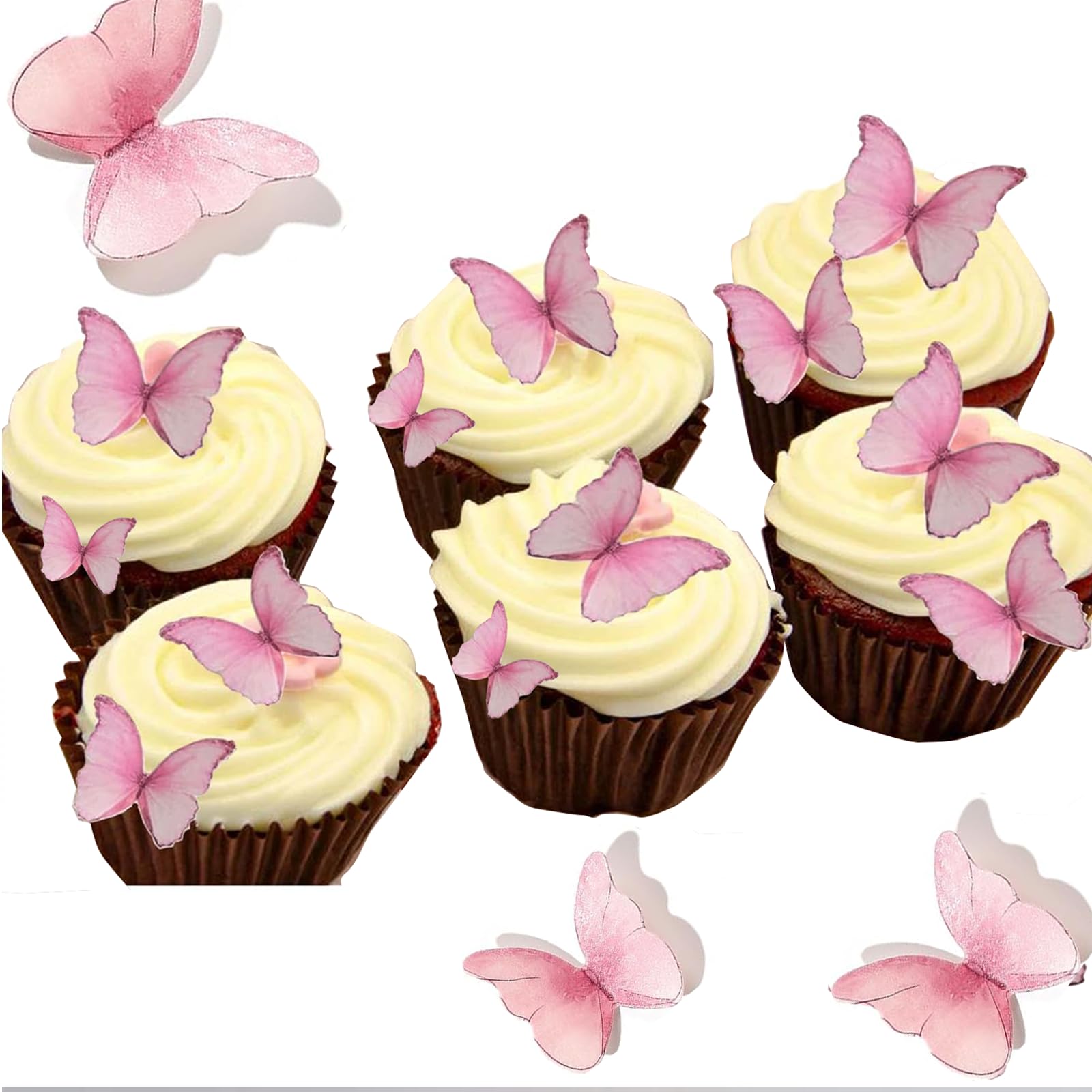 YOcity 48Pcs Edible Butterflies Cake Cupcake Toppers Pink Wafer Paper Butterfly Cake Decorations for Wedding Birthday Party Cupcakes Decorating Pink