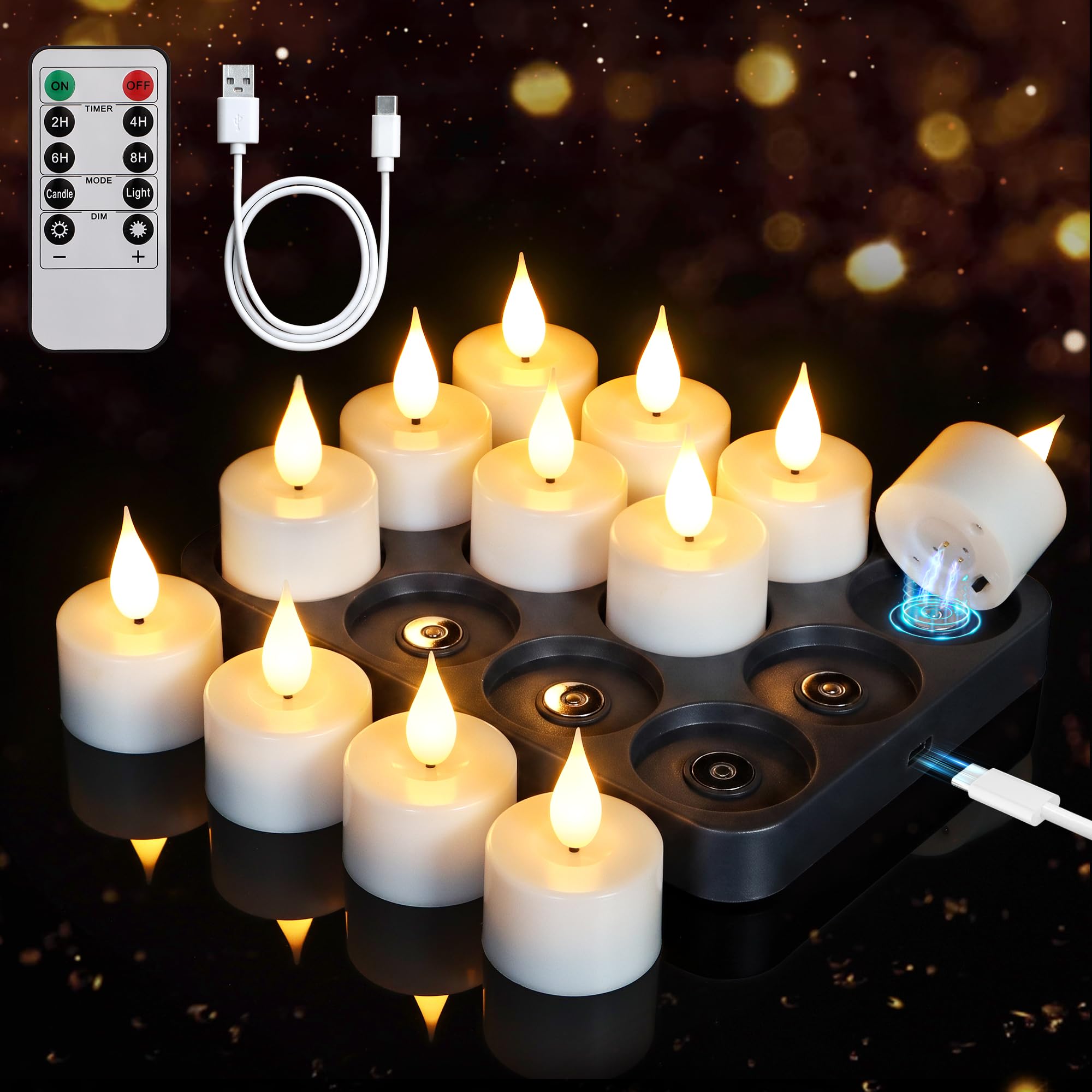 FPOO Rechargeable Candles tealights 12 Pack, Electric Tea Lights with Type-C Charging Base, 60-Hour Ultra Runtime, 2 inch Votive Candle with Remote, Ideal for Wedding Christmas Table Centerpiece