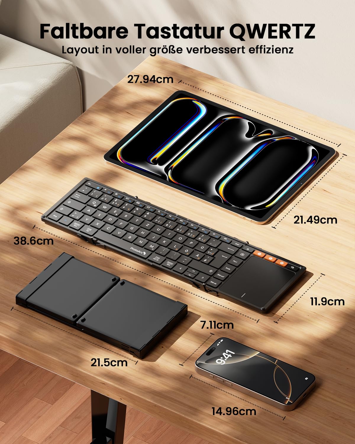 ProtoArc XK01 TP Bluetooth Tastatur Faltbare mit Touchpad, Tastatur Kabellos Klappbare QWERTZ Deutsch mit Groß Trackpad für iPad, iOS, Android, Windows Laptop PC Tablet - Schwarz