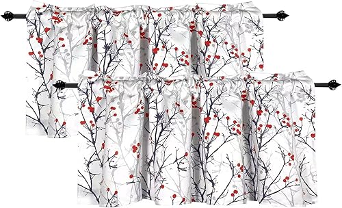 poefun 2 paneles de cenefas opacas para ventanas de cocina, cenefas cortas impresas con ramas de árbol para dormitorio, sala de estar, baño, granja,