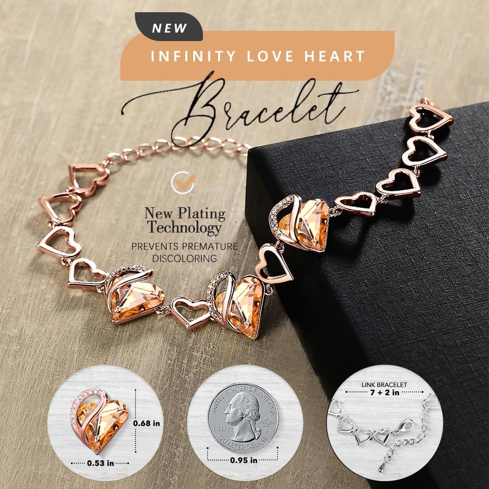 Leafael Gift for Women 18K Rose Gold Plated Love Heart Link Bracelet with Birthstone or Healing Stone Crystal, Jewellery Gifts for Women, 7" Chain + 2" Extender