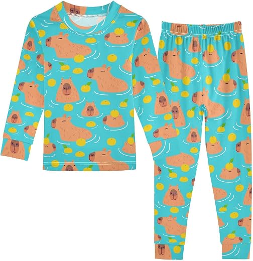 JHKKU Cotton Pajamas Set 2 Piece Soft Comfy Pjs Long Sleeve Lounge Sleepwear, Cute Capybara, 5T