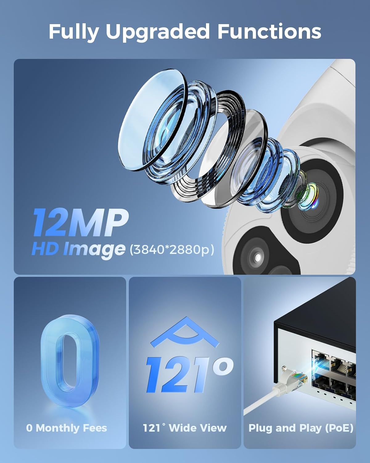 Features: 12MP HD Image, 0 Monthly Fees, 121 degree Wide View, Plug and Play PoE