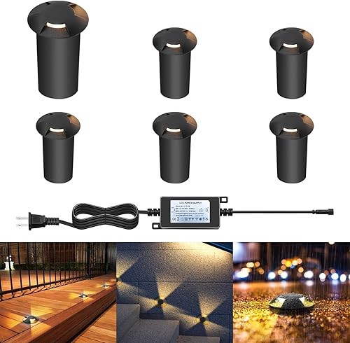 Luces de suelo de aluminio de 5 W con carcasa protectora, blanco cálido 2.56 pulgadas, bajo voltaje, 12-24 V CACC 18 AWG con cable IP67 impermeable,