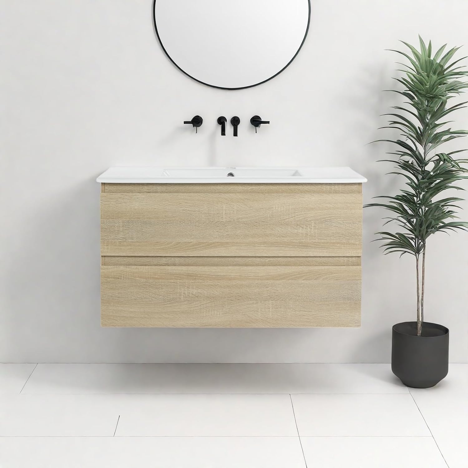 Floating Bathroom Vanity with Sink, 36" Wall-Mounted Vanity with White Ceramic Basin & Woodgrain Finish, Space Saving Small Bathroom Storage Cabinet with 2 Soft-Close Drawers, Light Oak