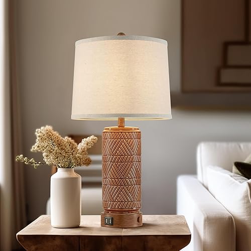 Miniatura 4 de RORIA Juego de 2 lámparas de mesa vintage táctiles para sala de estar, lámpara de mesita de noche regulable de 3 vías con 2 puertos USB, lámparas de