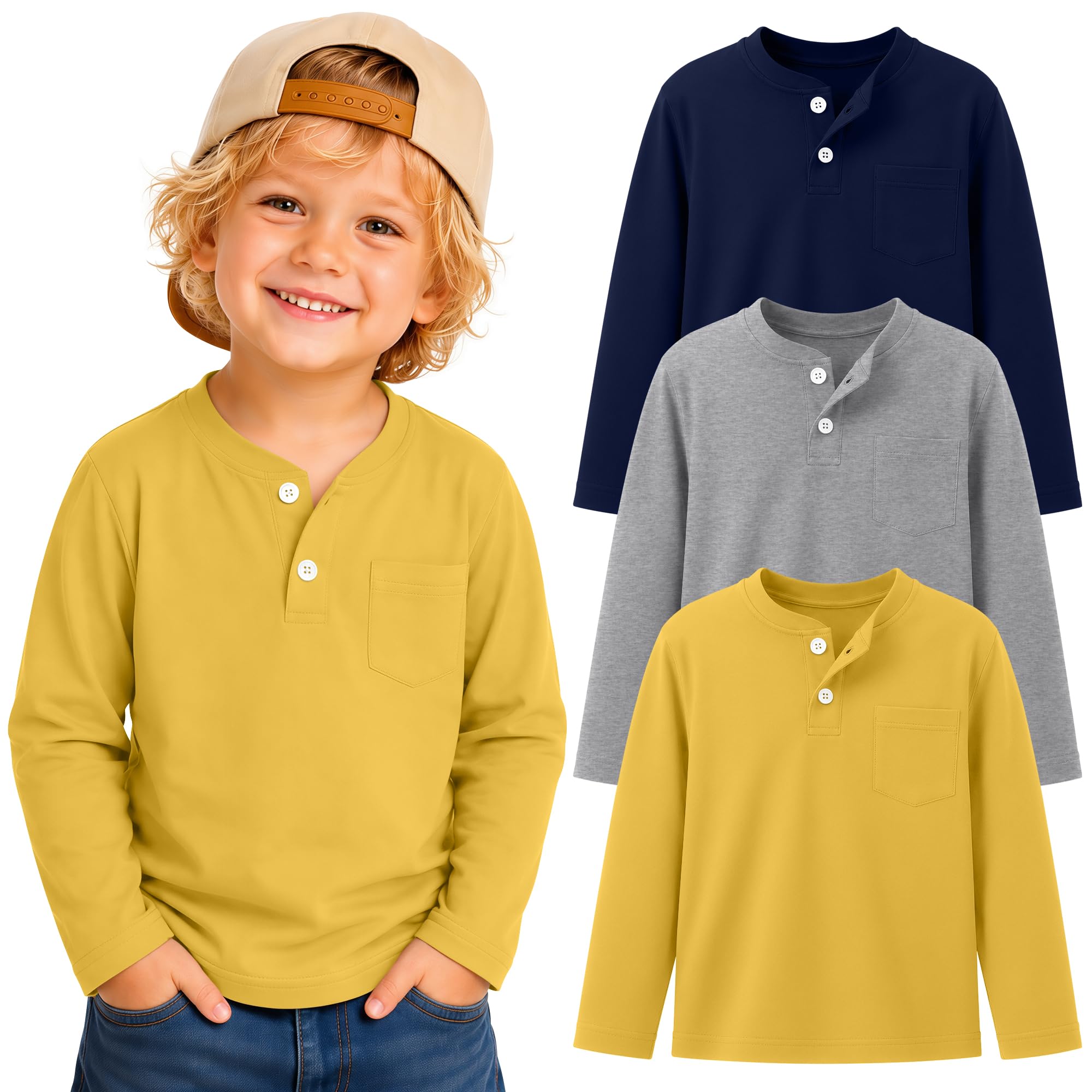 3 Pack Toddler Boy Long Sleeve Henley Tops 18M-5T