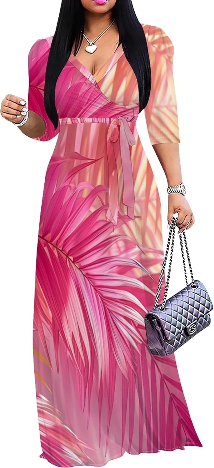 2026 Plus Size Fall Maxi Dress for Women Casual Sexy V-Neck 3/4 Sleeve Printed Flowy Boho Beach Sundress with Belt