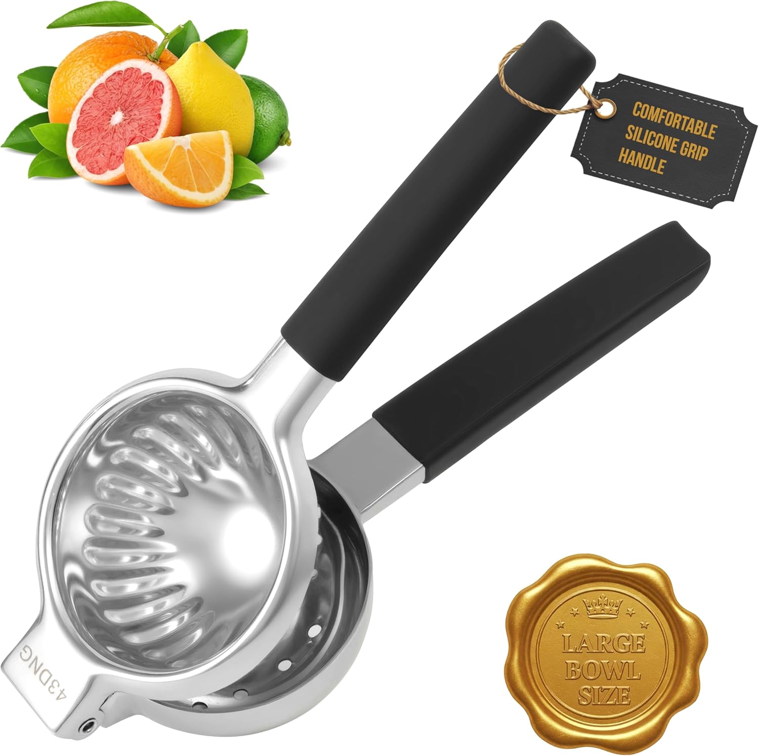 Stainless Steel Lemon Squeezer Citrus Juicer – Large Bowl, Heavy-Gauge Steel, Long Textured Non-Slip Handles – Large Size, Easy to Clean, Maximum Juice Extraction for Kitchen Use