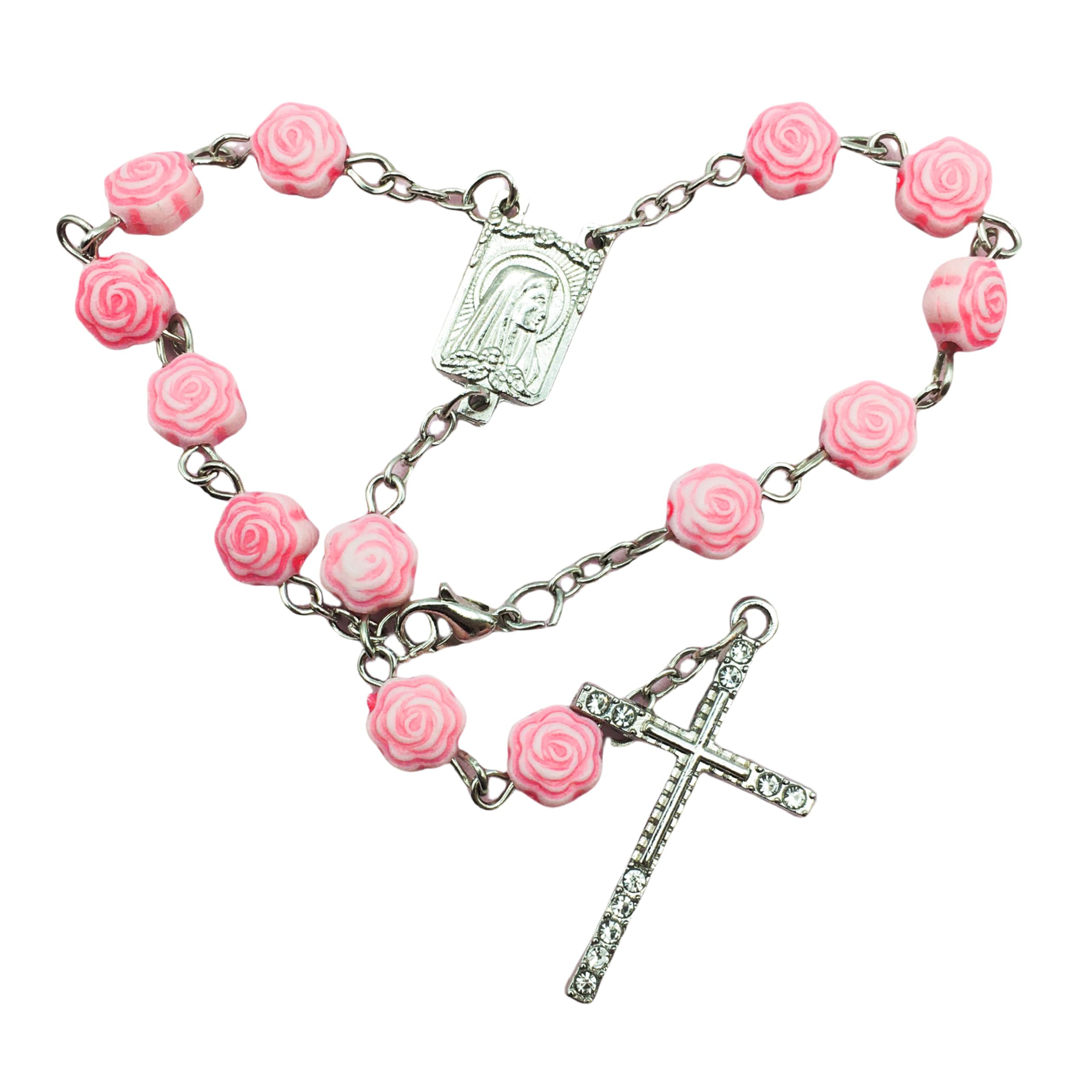 Chapelet De Voiture à Suspendre Au Rétroviseur - Croix Catholique En Alliage - Rose - 18cm - Cadeau Baptême, Communion, Mariage