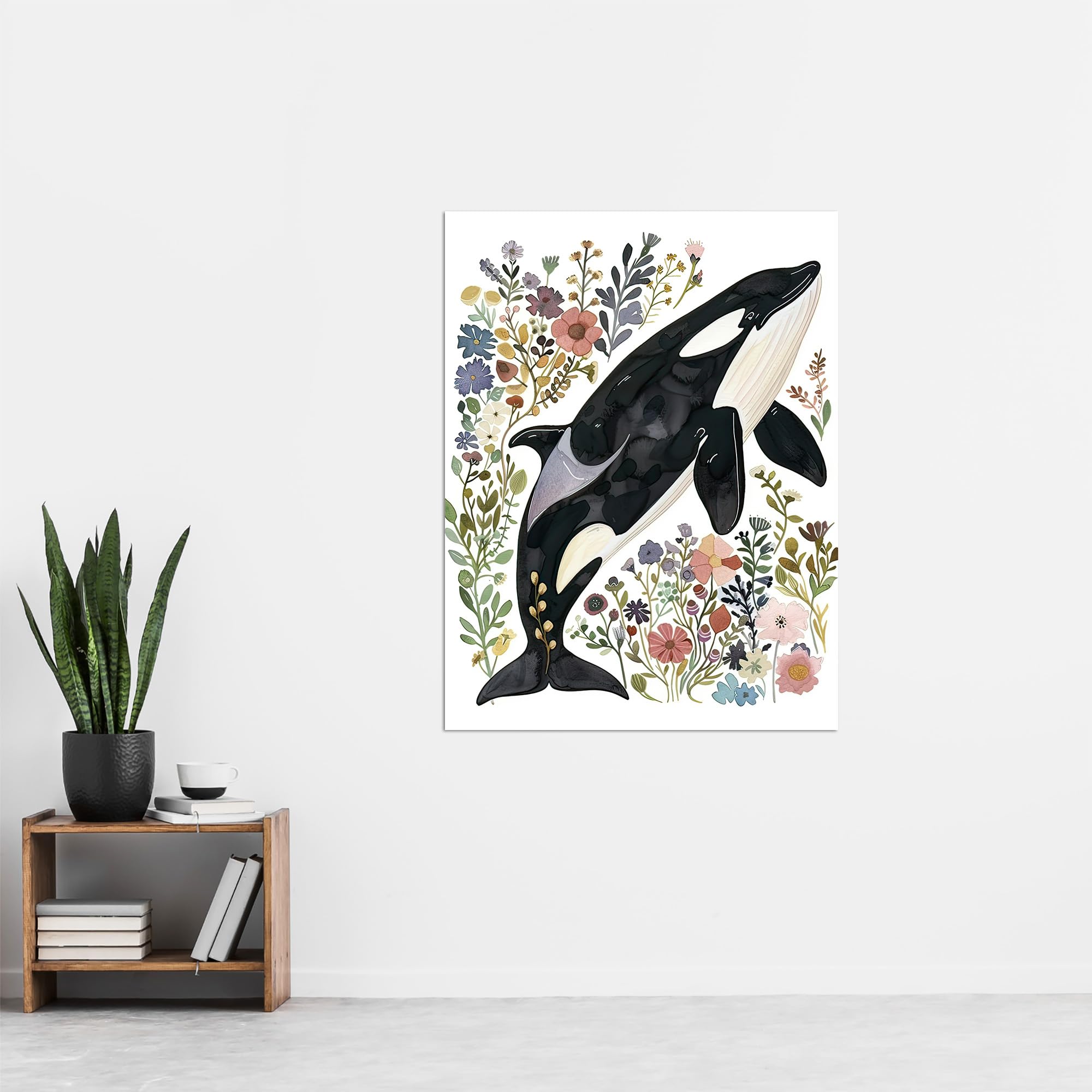 Artery8 Orca Killer Whale with Wildflowers Bright Floral Living Room Extra Large XL Wall Art Poster Print - Image 4