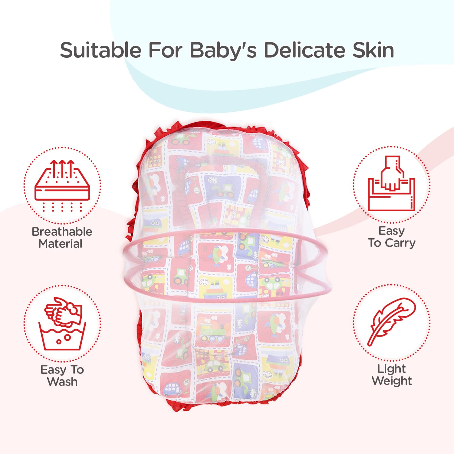 Mee Mee Cushioned Baby Mattress Set with Mosquito Net & Pillow (Red) 2