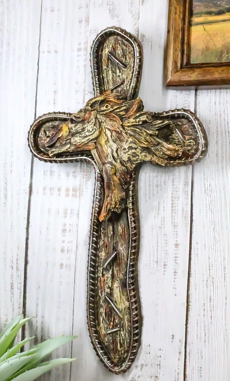 Ebros Gift Rustic Western Running Wild Mustang Horse Vintage Barnwood Look Wall Cross Decor Plaque Faux Wooden Finish Christian Catholic Decorative Accent Crosses