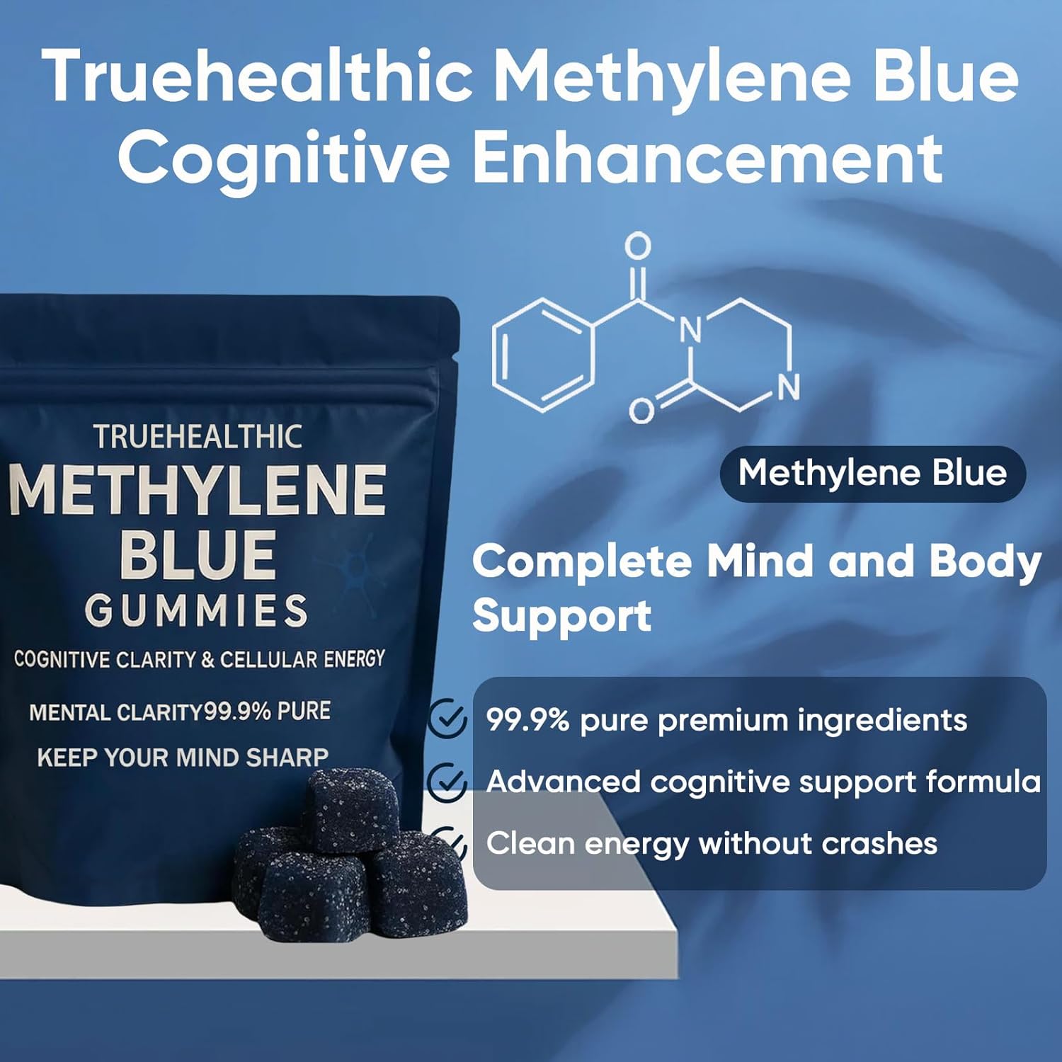 Methylene Blue Gummies, 5mg of Methylene Blue Per Gummy for Sustained Energy, Mental Clarity, Lifted Mood, Sharper Focus, 99.9% Pure, 30 Gummies Per Bag (1)