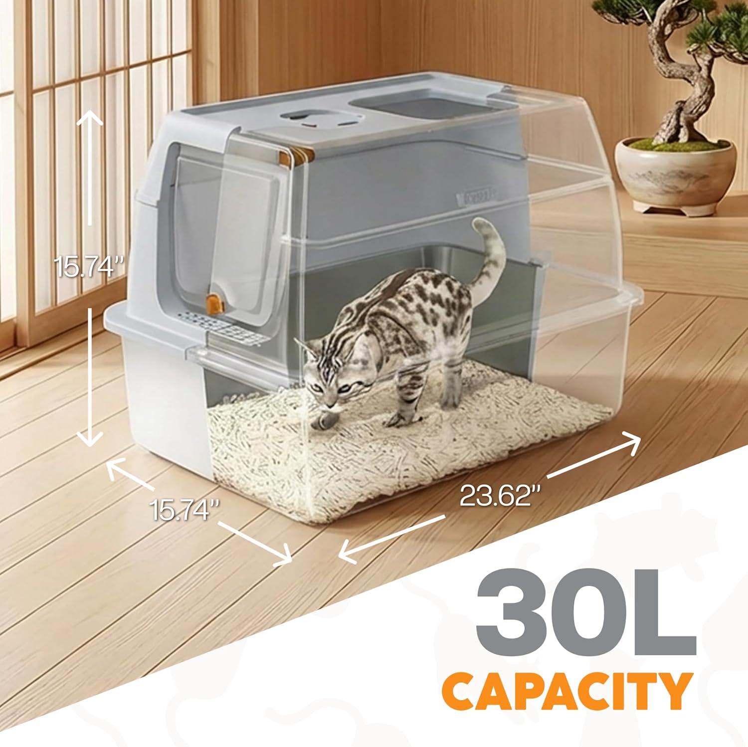 xl stainless steel cat litter box with enclosure and pooper scooper - durable black metal litter box for big cats, high sides for anti-leakage, never absorbs odors, non-sticky - (60x40cm) (gray)