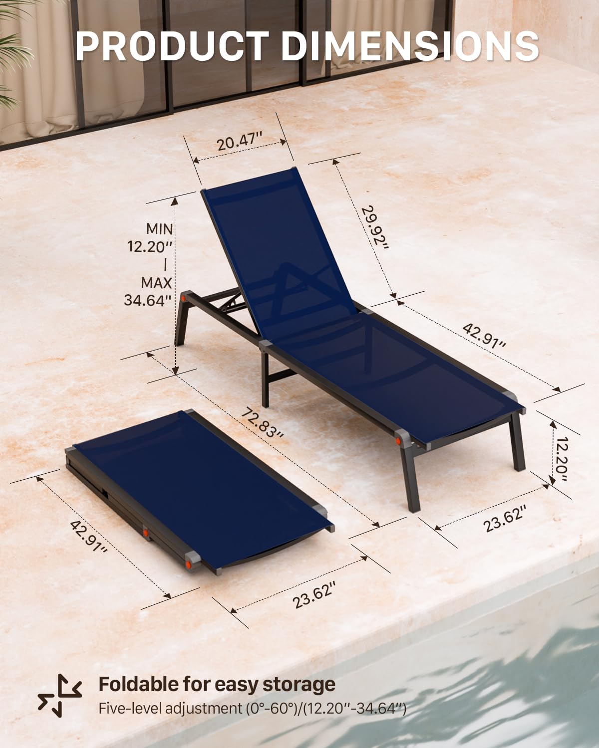 Aluminum Chaise Foldable Patio Lounge Chair Outdoor, Deck Lounger Adjustable 5-Position Recliner Pool Chase Breathable Full Flat Outside Sun Tanning Chairs for Beach/Poolside/Lawn(Navy Blue, 1Pack)