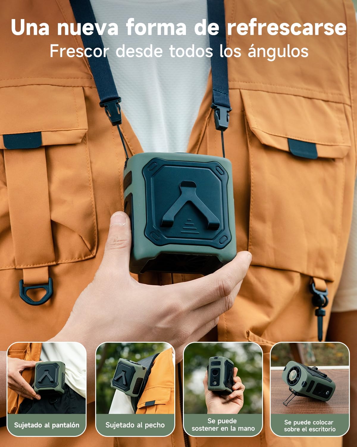 2026 Ventilador de cinturón portátil,refrigeración personal,29H batería 8000mAh y,5 velocidades y 13000 RPM,luz LED con función SOS,para obra,camping,exteriores y trabajo en verano Verde militar
