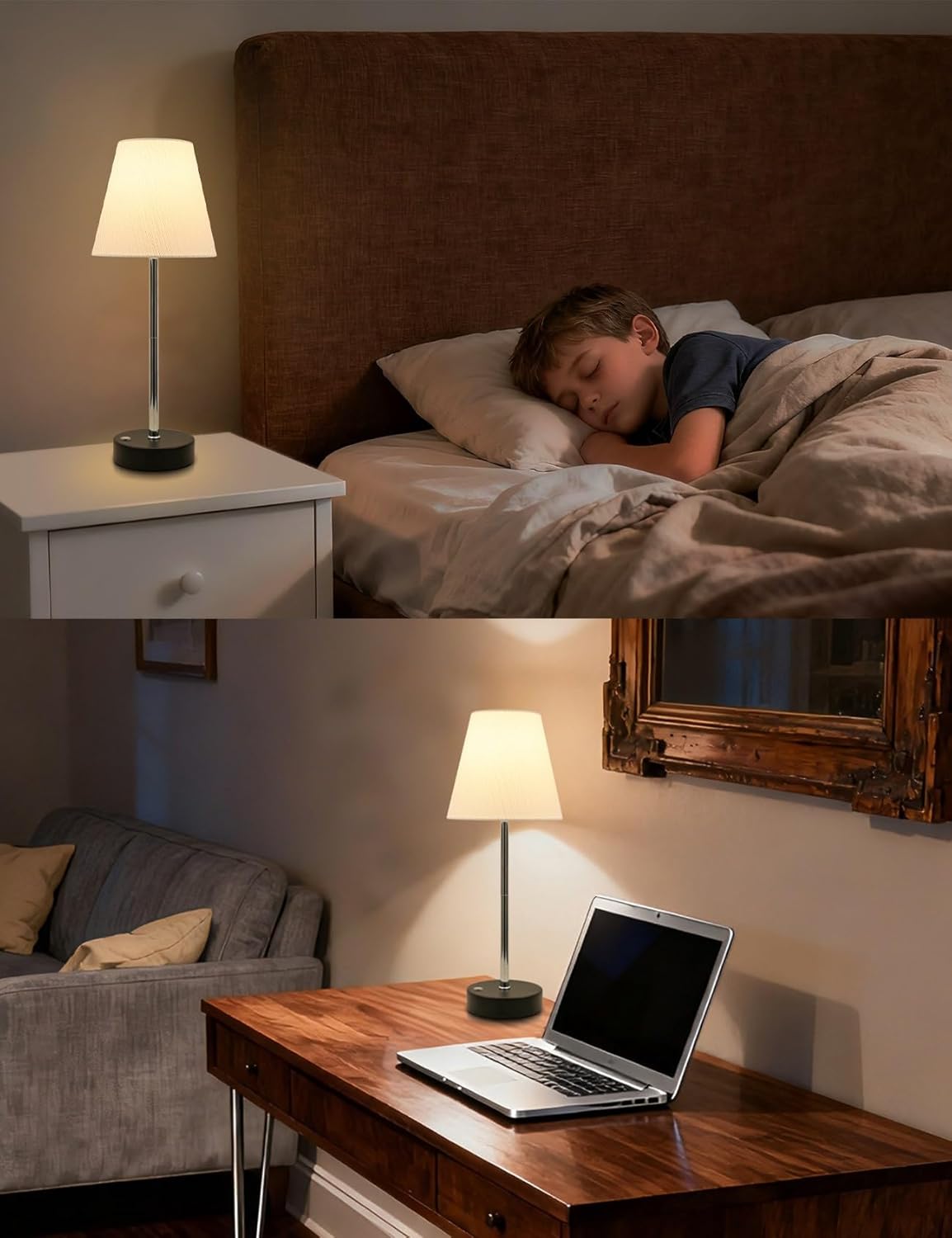 Cordless Lamp, 15'' Small Rechargeable Table Lamps 5000mAh Touch Control Brightness Stepless Dimmable Battery Operated Mini Fabric Shade Lamps for Living Room Dining Kitchen Counter Bedside Xmas Gift
