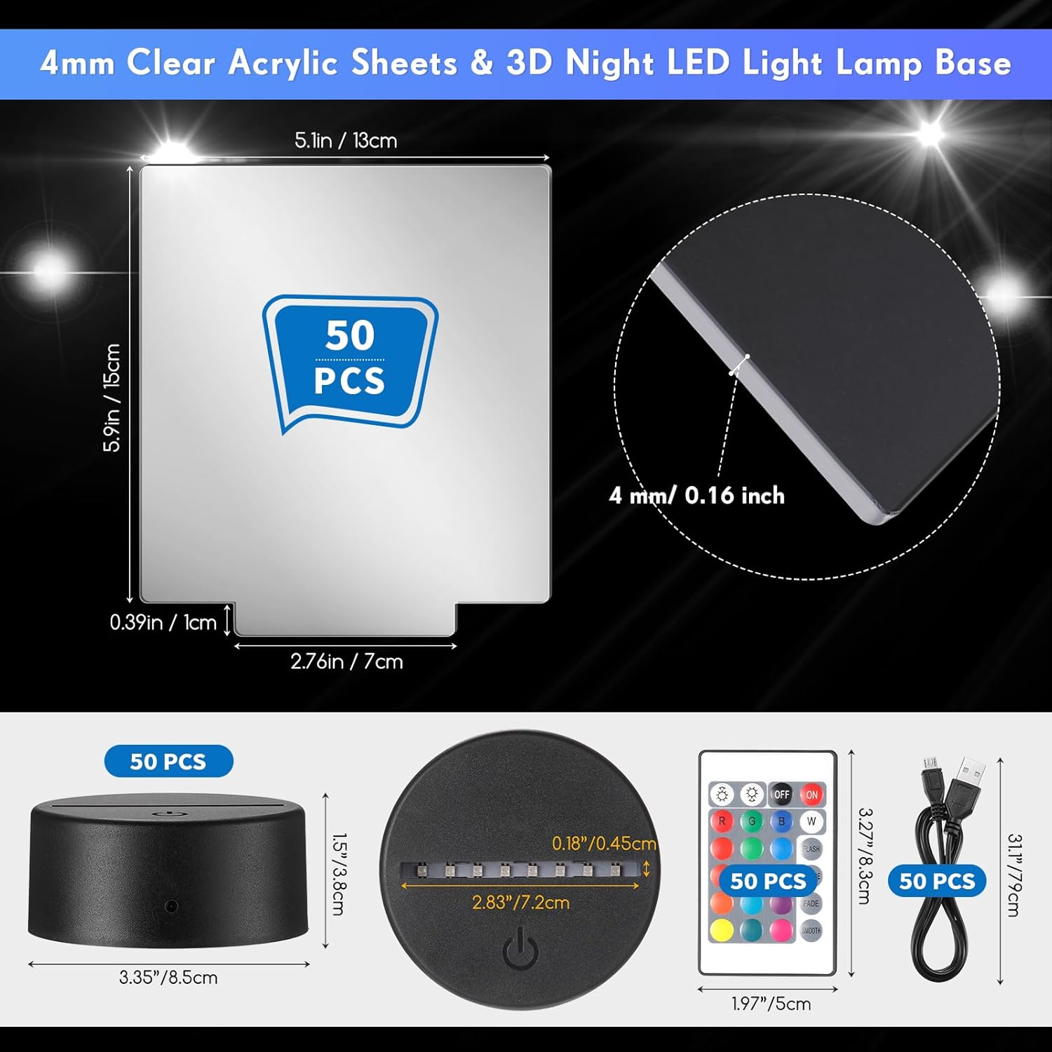 VIHOSE 50 Sets 3D Night LED Light Lamp Base Including 50 Square Light Lamp Bases 50 Clear Acrylic Sheets 50 Remote Controls 50 USB Cables 16 Colors Display for DIY Craft Restaurant Bar Cafe Room
