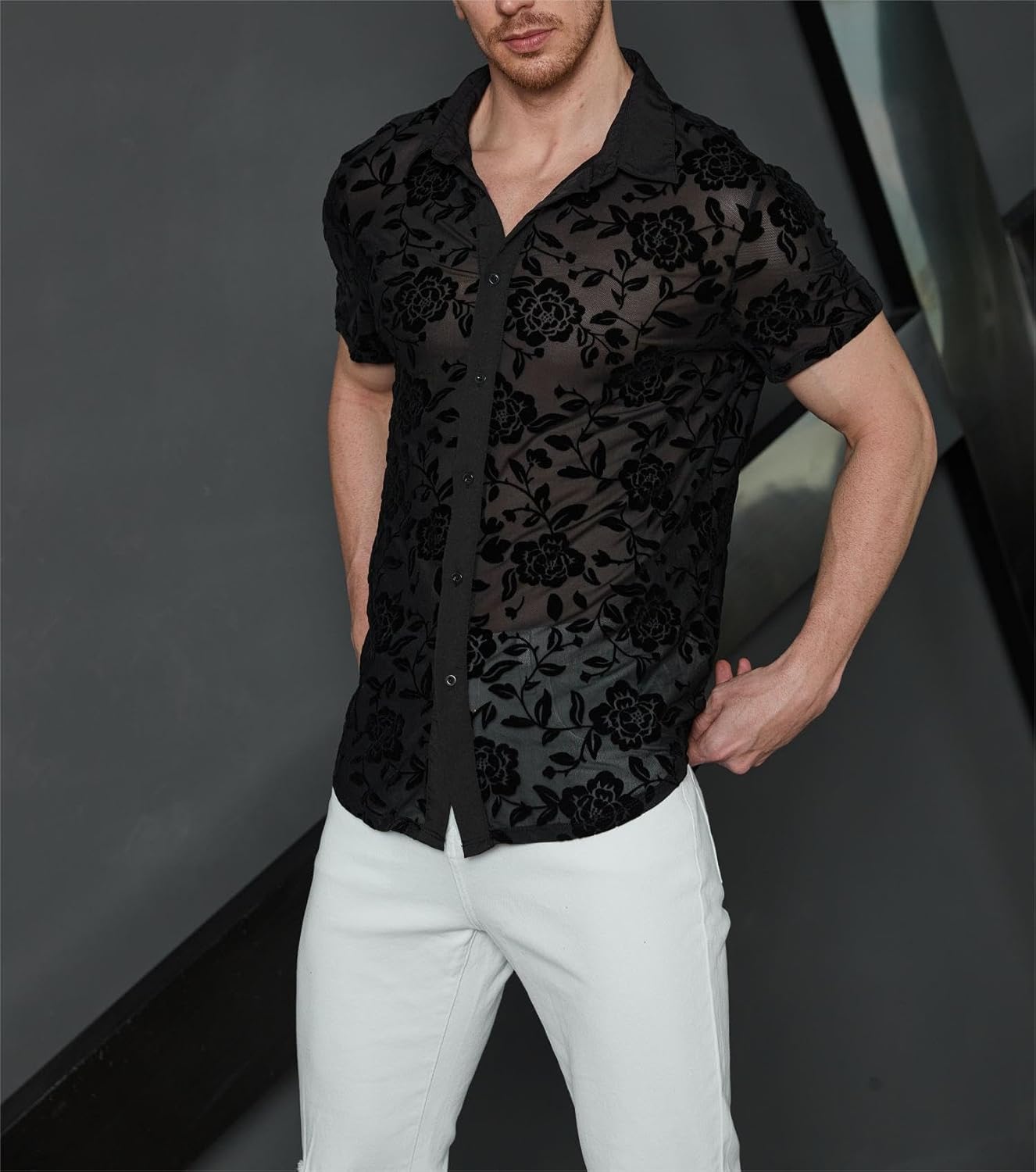 WDIRARA Men's Floral Sheer Mesh See Through Button Up Short Sleeve Collar Party Club Tops Shirt - Image 3