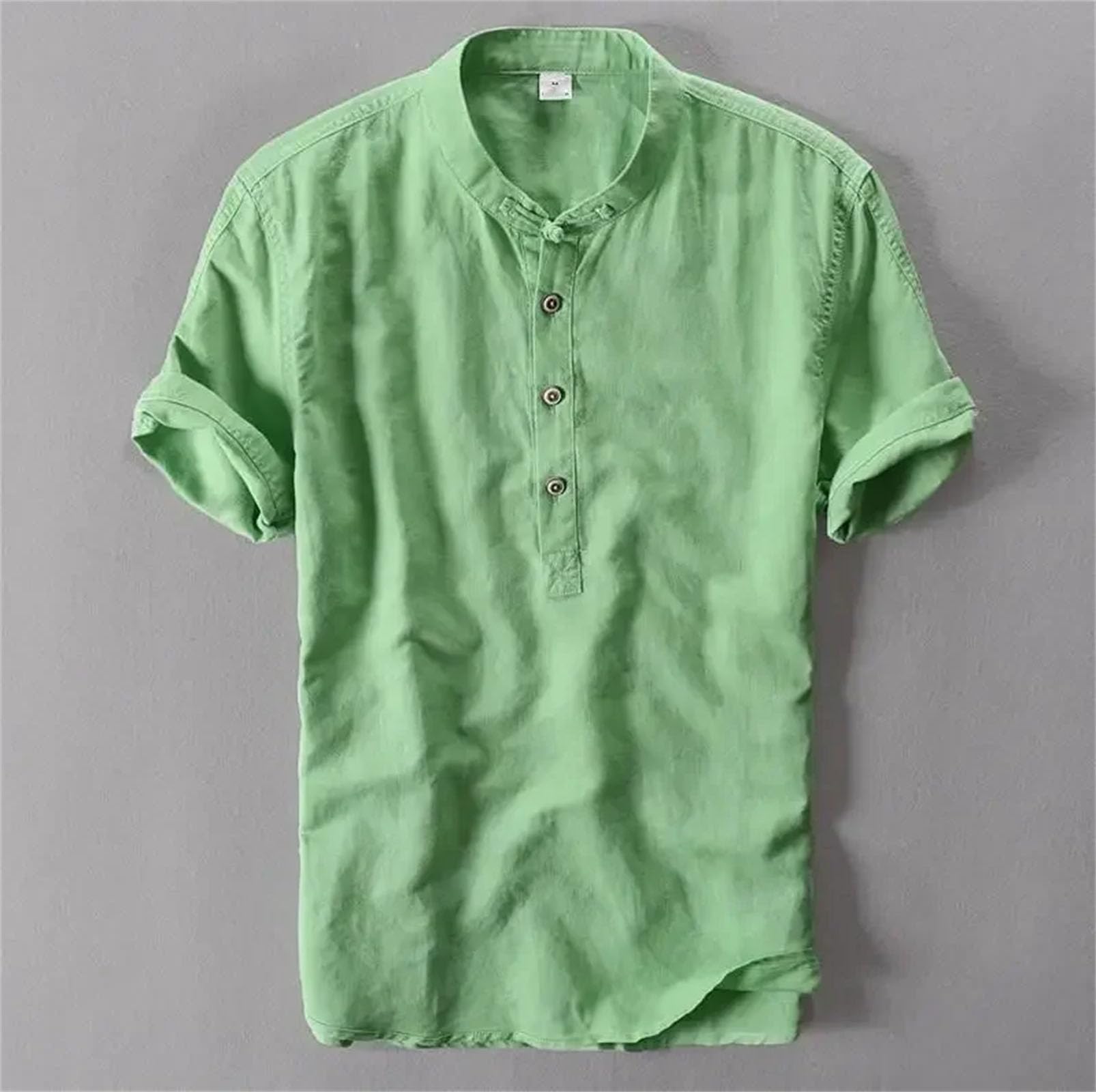 Camiseta de manga corta para hombre, cuello mandarín, algodón, lino, ajuste delgado, transpirable, informal, para uso diario